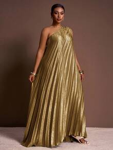 Veslaya 春夏秋季新款优雅派对、约会、毕业季、生日派对、连衣裙、聚会、婚礼季、宴会、性感、宽松无袖单肩、单侧高开衩、亮面面料、全身褶裥、大码长裙 - A - 金色 - 查看 6