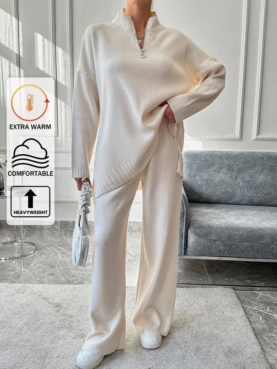 EURMUSE Half Zip Drop Shoulder Sweater & Knit Pants - Apricot - View 1