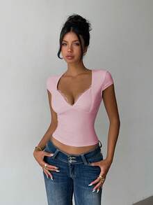 INAWLY Lace Trim Fitted Cropped T-Shirt - Baby Pink - View 5