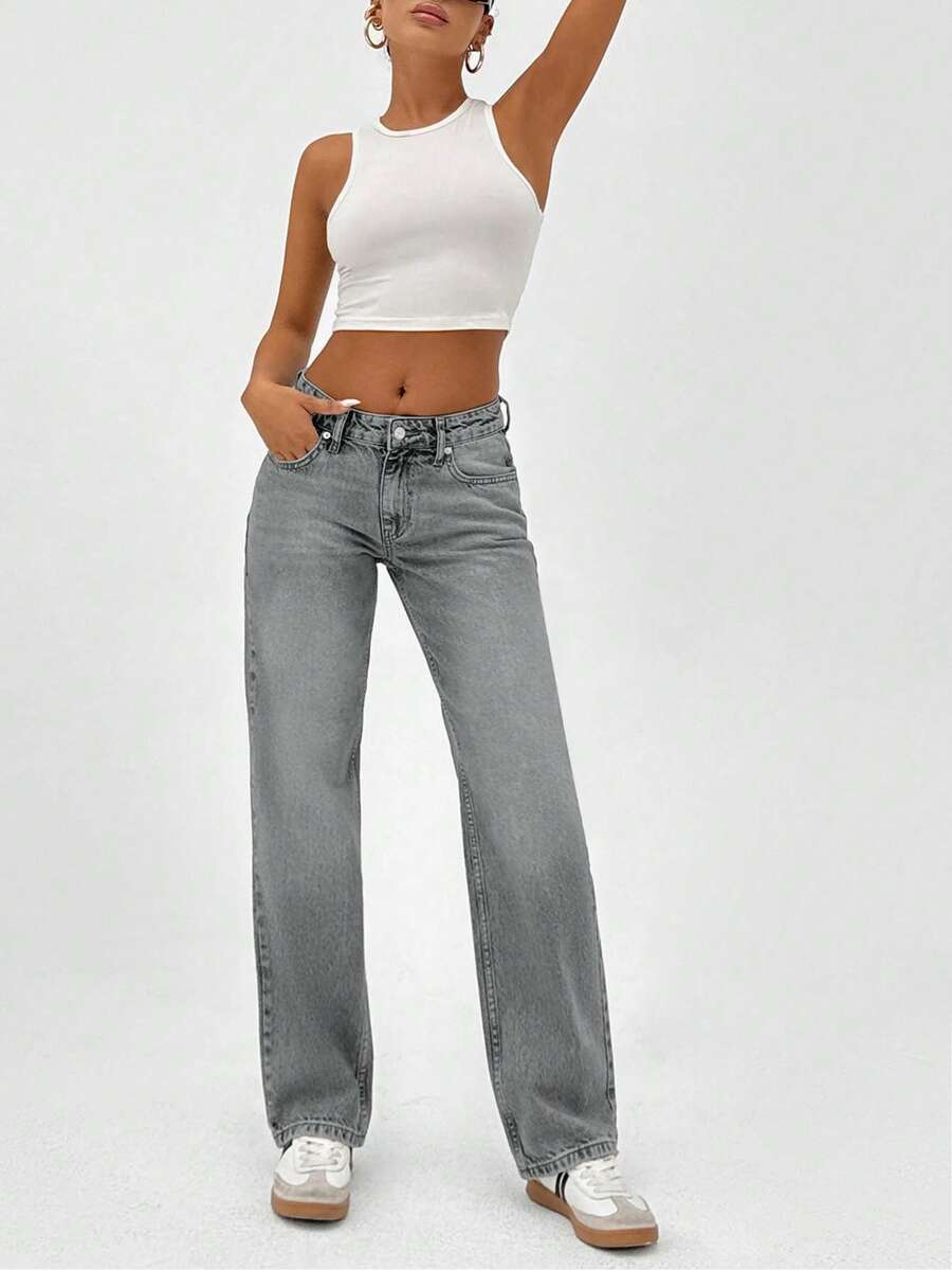 SHEIN Tall QUẦN JEAN CAO CẤP 100% COTTON CỰC THẤP VINTAGE WASH KIỂU Y2K - Màu Xám nhạt - Xem 1