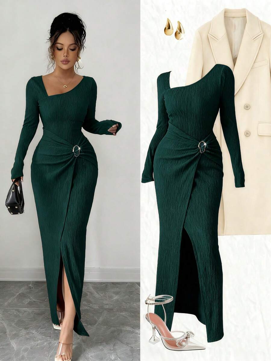 Elenzga Vestido largo de unicolor de moda para mujer, con cuello asimétrico, textura de punto ajustada, diseño retorcido y con abertura, atuendos elegantes para mujer, ropa de mujer para otoño e invierno, ropa modesta para mujer - Verde Oscuro - Ver 1