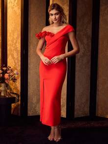 MOTF Soiréza STEREO FLORAL ASYMMETRICAL SHOULDER PROM DRESS, PARTY - Red - View 5