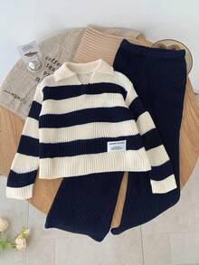 SHEIN 2pcs Young Girl Striped V-Neck Casual Sweater And Leggings Set - Navy Blue - View 2