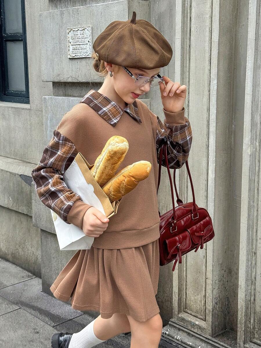 Bộ áo nỉ cổ polo và chân váy 2 trong 1 cho bé gái - Cà phê nâu - Xem 1