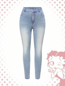 Betty Boop | ROMWE Quần jean bó thêu chữ cổ điển cạp siêu thấp gợi cảm cho nữ - Nhiều màu - Xem 3