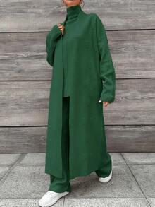 EURMUSE Women's Solid Color Collarless Sleeveless Basic Top, Long Sleeve Maxi Jacket And Long Pants Set - Green - View 3