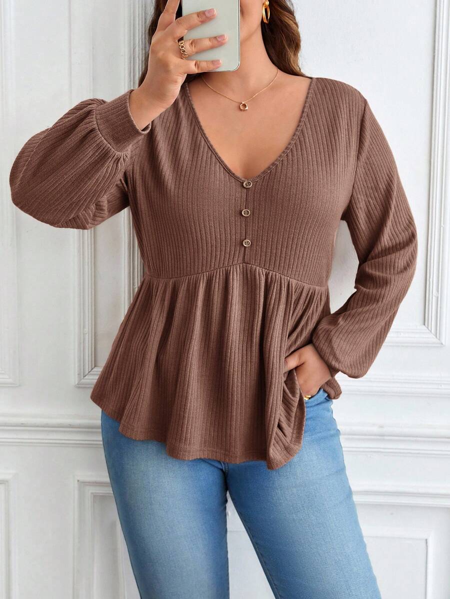 SHEIN Frenchy Plus Size Solid Color Minimalist Long Sleeve T-Shirt, Everyday Wear - Mocha Brown - View 1