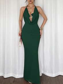 Rafferiza 女士优雅露肩露背金属花朵性感镂空紧身长裙，红色，约会、情人节、派对 - 綠色 - 查看 3