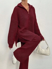 EURMUSE 2 件套女士休闲日常宽松拉链开衫和裤子套装，秋冬 - 酒紅色 - 查看 4