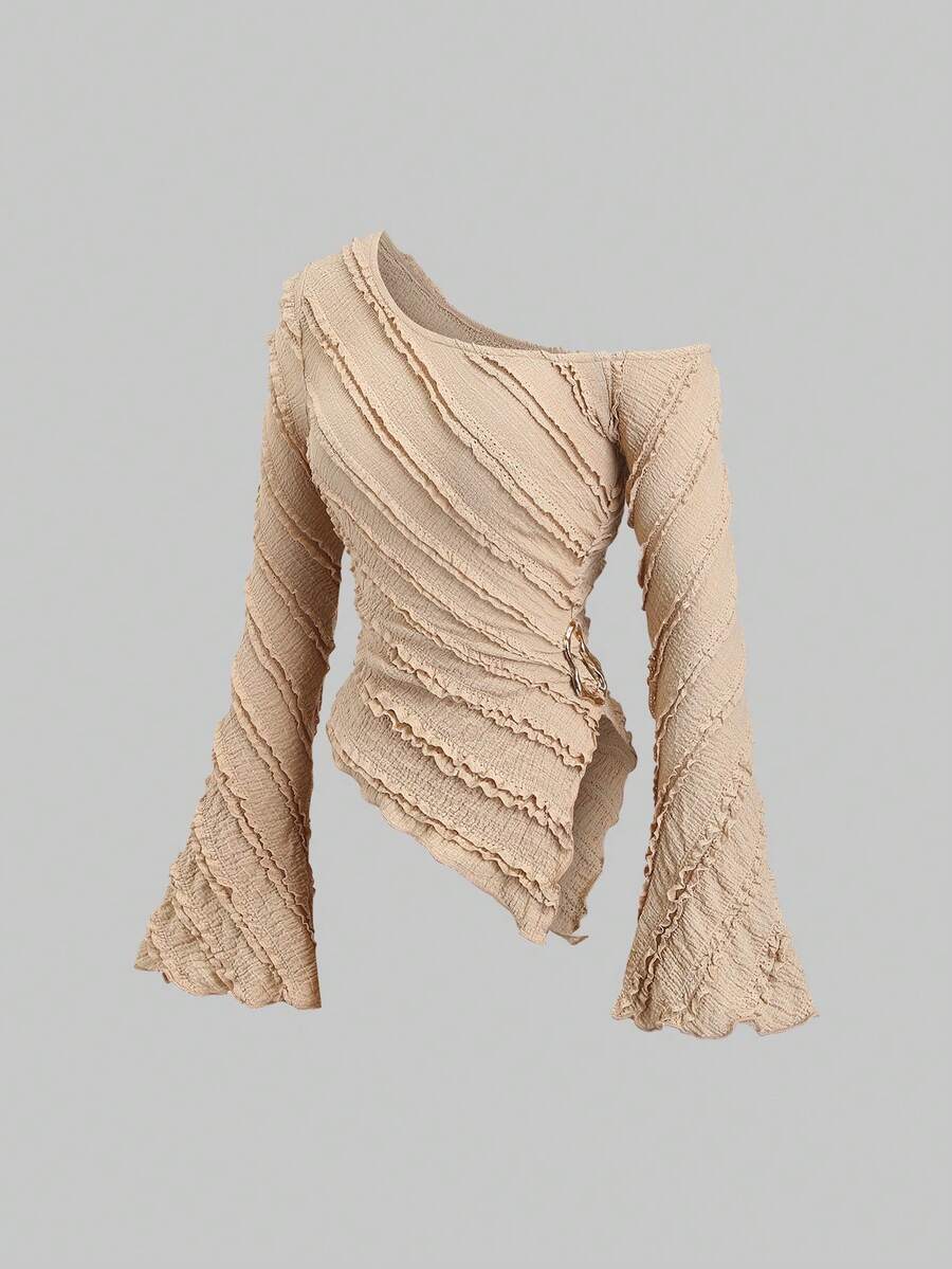 Sweetra Women's New Textured Fabric Asymmetric Hem Long Sleeve Blouse With Metal Decor, Suitable For Commuting And Outings, Spring/Summer/Autumn - Khaki - View 1