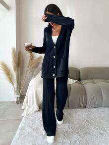 EURMUSE 2pcs Women's Solid-Color Dropped Shoulder Loose Cardigan And Knitted Pants Set, Autumn-Winter - Navy Blue - View 4