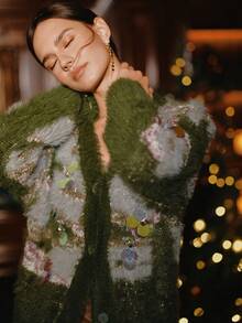 Anewsta Áo khoác cardigan dáng rộng cổ chữ V màu xanh lá cây, tay dài, thiết kế khối màu cổ điển dành cho nữ, có đính sequin nhiều màu sắc, phù hợp với phong cách Giáng sinh & Halloween thanh lịch - Nhiều màu - Xem 5