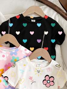 SHEIN Leap Crew 3 件套 Tween 女童休闲花卉、心形和波尔卡圆点印花短袖圆领 T 恤，适合夏季 - 彩色 - 查看 5