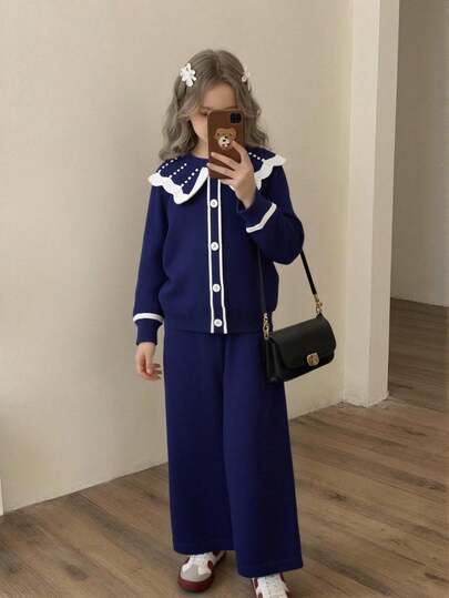 Elladie kids 年轻女孩优雅黑色珍珠装饰领毛衣套装，柔软针织开衫和阔腿裤，适合日常、外出、旅行、度假、居家、日托、学校、派对