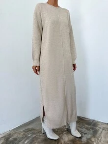 EURMUSE Solid Drop Shoulder Sweater Dress - Beige - View 4