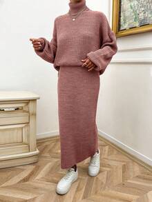 EURMUSE Maglione oversize casual a collo alto con maniche doppie e spalle scoperte, e gonna lunga aderente a coste - set di 2 pezzi