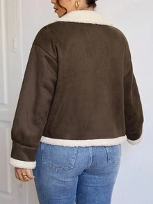 SHEIN Frenchy 加大码女式毛茸茸夹克，日常百搭深棕色保暖内衬厚外套，适合秋冬外出