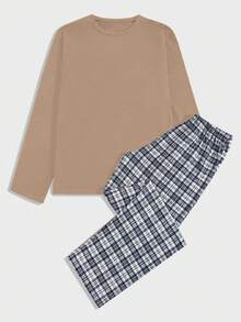 SHEIN Cottnline Bộ đồ ngủ quần kẻ sọc in logo nhỏ tay ngắn cho nam - Màu be - Xem 6