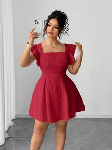 Elenzga 大码纯色方领提花荷叶边优雅连衣裙 - 酒紅色 - 查看 3