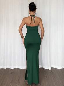 Rafferiza 女士优雅露肩露背金属花朵性感镂空紧身长裙，红色，约会、情人节、派对 - 綠色 - 查看 2