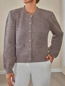 EURMUSE Women Soft Touch Gold Button Front Detailed Knit Cardigan Textured Knit Cardigan With Pearl Buttons, Elegant Round Neck Sweater For Chic Fall Winter Outfits - Chocolate Brown - View 5