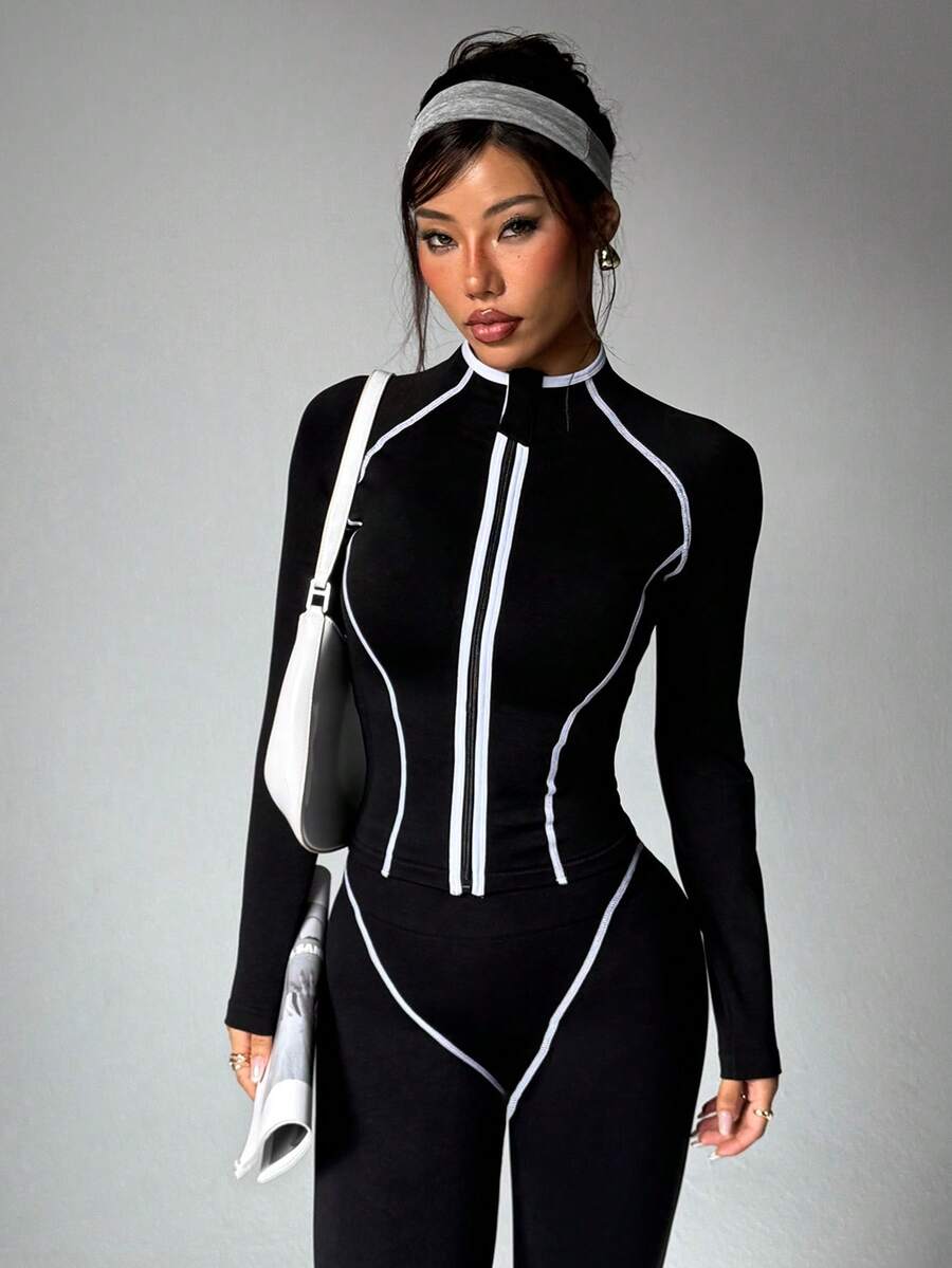 SHEIN Sports 撞色滚边立领拉链修身长袖运动夹克,健身服,运动服,冬季 - 黑與白 - 查看 1