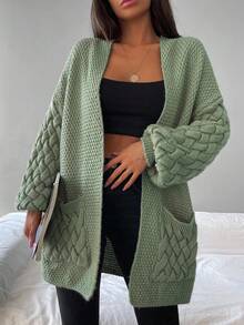 EURMUSE Dual Pocket Open Front Cardigan - Green - View 6