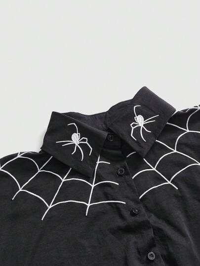 Goth Plus Size Women Gothic Spider Web Embroidery Cinched Waist Pocket Dress For Halloween