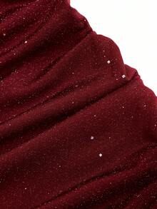 SHEIN PETITE Women's Short Turtleneck Backless Sequin Knit Bodycon Party Mini Dress - Red - View 4