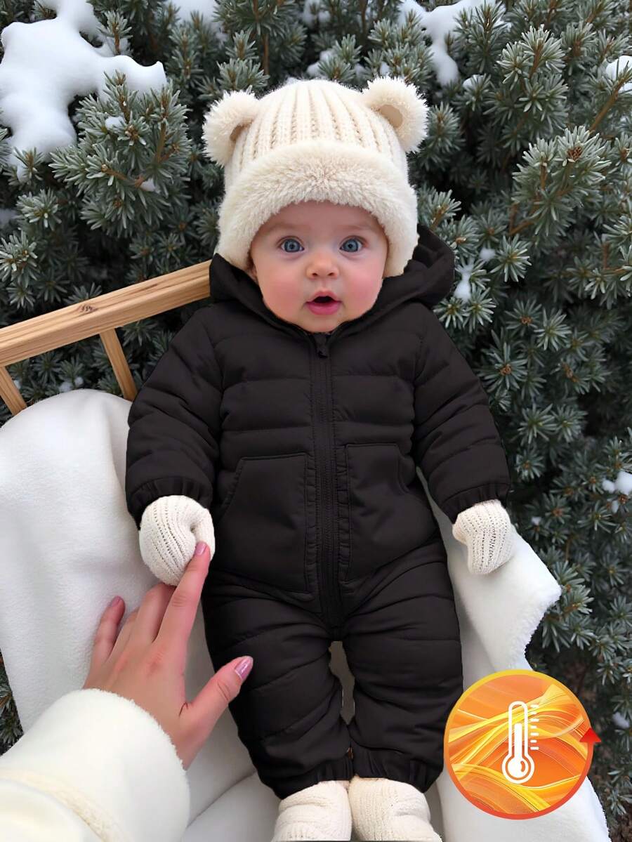 SHEIN Baby Girls' Casual Cute Thermal Lined Hooded Zipper Front Long Sleeve Jumpsuit, Winter - Black - View 1