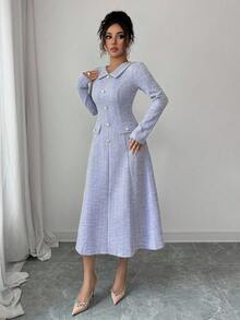 Elenzga 女式蓝绿色纹理面料 V 领荷叶边领 A 字中长连衣裙，腰部收紧，金属珍珠纽扣装饰，优雅美观，适合教师装、约会、生日、感恩节、万圣节、秋冬 - 紫色 - 查看 3