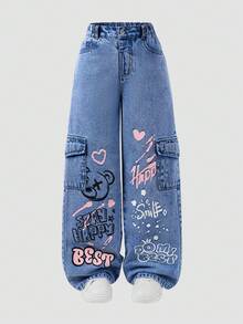 SHEIN ChillGRL 少女涂鸦印花阔腿工装牛仔裤，甜美酷炫街头风休闲Y2K图案牛仔裤，Y2K美学，90年代童装 - 深色水洗藍 - 查看 3