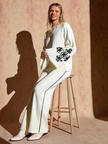 EURMUSE Elegant Crew Round Neck Flare Sleeve Solid Pure White Color Contrast Color Hand Made Embroidery On Cuffs & Wide Leg Solid Color Knit Pants 2 Pieces KNit Set For Fall Winter Women Outfits,Petite - White - View 5