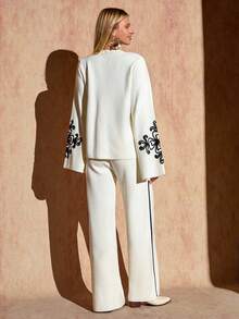 EURMUSE Elegant Crew Round Neck Flare Sleeve Solid Pure White Color Contrast Color Hand Made Embroidery On Cuffs & Wide Leg Solid Color Knit Pants 2 Pieces KNit Set For Fall Winter Women Outfits,Petite - White - View 6