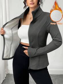 SHEIN Tall CURVE 大码保暖内衬全拉链夹克 - 深灰色 - 查看 3