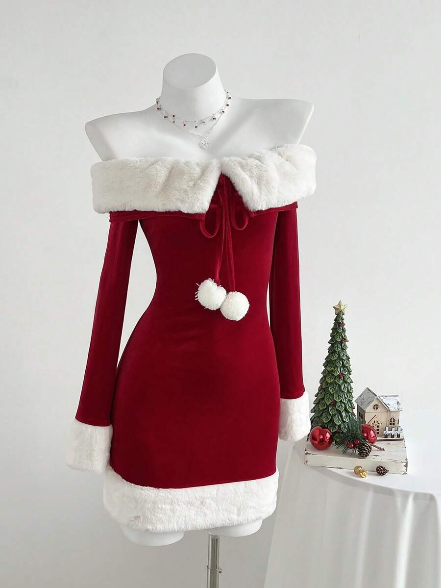 Elamini White Faux Fur Off Shoulder Long Sleeve Bodycon Mini Dress, Elegant & Cute For Christmas Party, Date, Daily Wear - Red - View 1