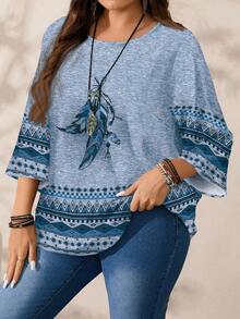 EMERY ROSE Blusa larga con collo rotondo e maniche 3/4 con motivo a piume, per donne taglie forti, adatta per autunno/inverno