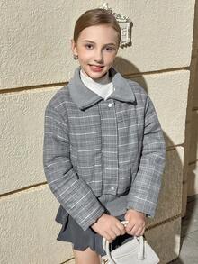 Girls' Retro Gray Oversized Collar Loose Short Padded Coat, Suitable For Daily Wear In Winter - Grey - View 4