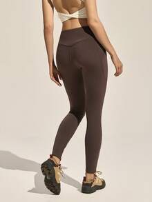 Exploreva Dark Brown Summer Athletic Trail Ride High Waist Leggings With 4 Pockets & Drawstring,Quick-Dry Moisture-Wicking 4-Way Stretch Tights For Yoga,Running - Coffee Brown - View 4