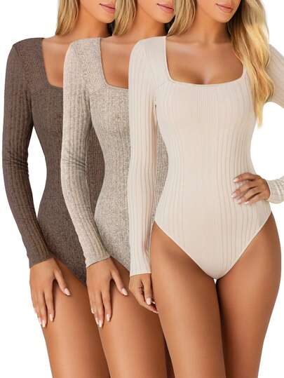 Xyvia Women's Elegant Square Neck Cinched Waist Bodysuit, Long Sleeve, Multi-Color, Minimalist Layering Piece, Autumn/Winter