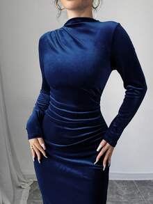 Elenzga Women Elegant Velvet Asymmetric Ruffle Split Hem Dress Burgundy Maxi Women Outfit - Navy Blue - View 6