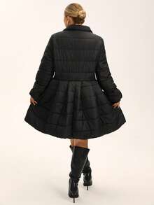 EMERY ROSE Plus Size Women Padded Coat, French Romantic Ruffle Hem A-Line Short Coat, Winter Outerwear - Black - View 2