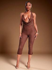 Denimoi 2 Pieces Faux Denim Effect Stretch Knit Halter Top And Capri Pant Set - Brown - View 5