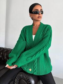 EURMUSE Cable Knit Lantern Sleeve Button Front Cardigan - Green - View 5