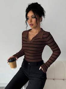 Elenzga 女式时尚休闲条纹修身套头衫 - 咖啡棕 - 查看 4