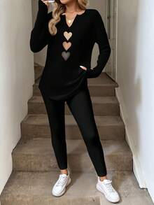 SHEIN LUNE 2er/Set Damen Herz-Muster Langarm T-Shirt und Leggings, Herbst/Winter 2-teiliges Lounge-Set für Frauen - Verschiedenfarbig - Übersicht 3