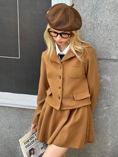 SHEIN Teen Girls Wool Blazer Jacket And Wool Skirt Suit Set