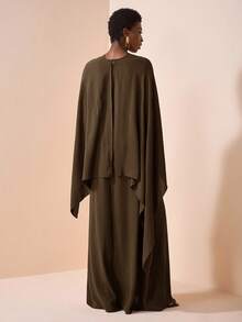 Zivah 2025 女式西部游牧风、生日派对风格、百搭休闲日常穿着、休闲度假、邮轮旅行斗篷不对称下摆宽松上衣和连衣裙套装 - 軍綠色 - 查看 2