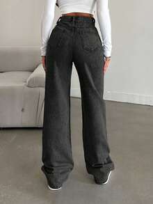 SHEIN Cottnline Snow Wash Straight Leg Jeans High Rise ,Petite Women - Dark Grey - View 2