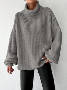 EURMUSE Áo len dài tay dáng rộng cổ cao trễ vai màu trơn dành cho nữ, mùa thu/đông - Lạc đà - Xem 4